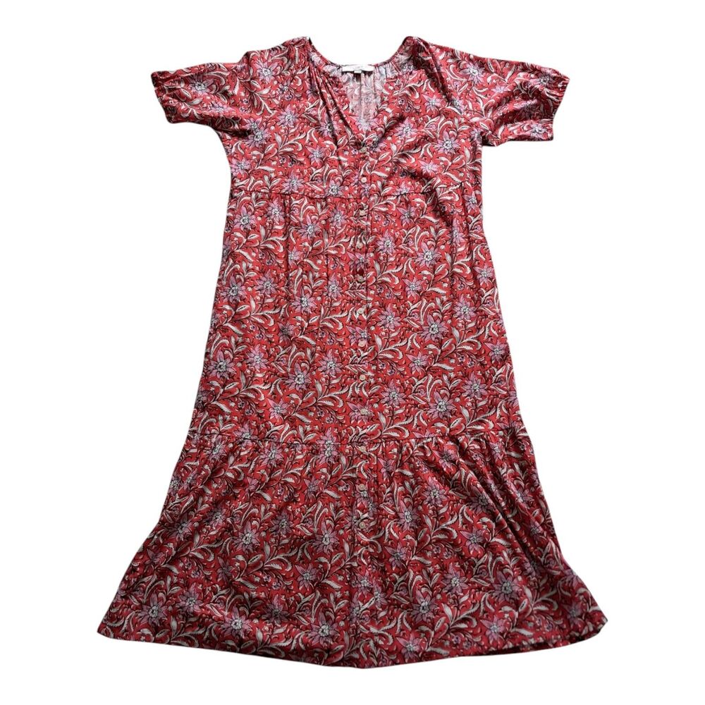 LOFT Dress Women's Large Red Midi Floral Tiered Pockets V Neck Short Sleeve
